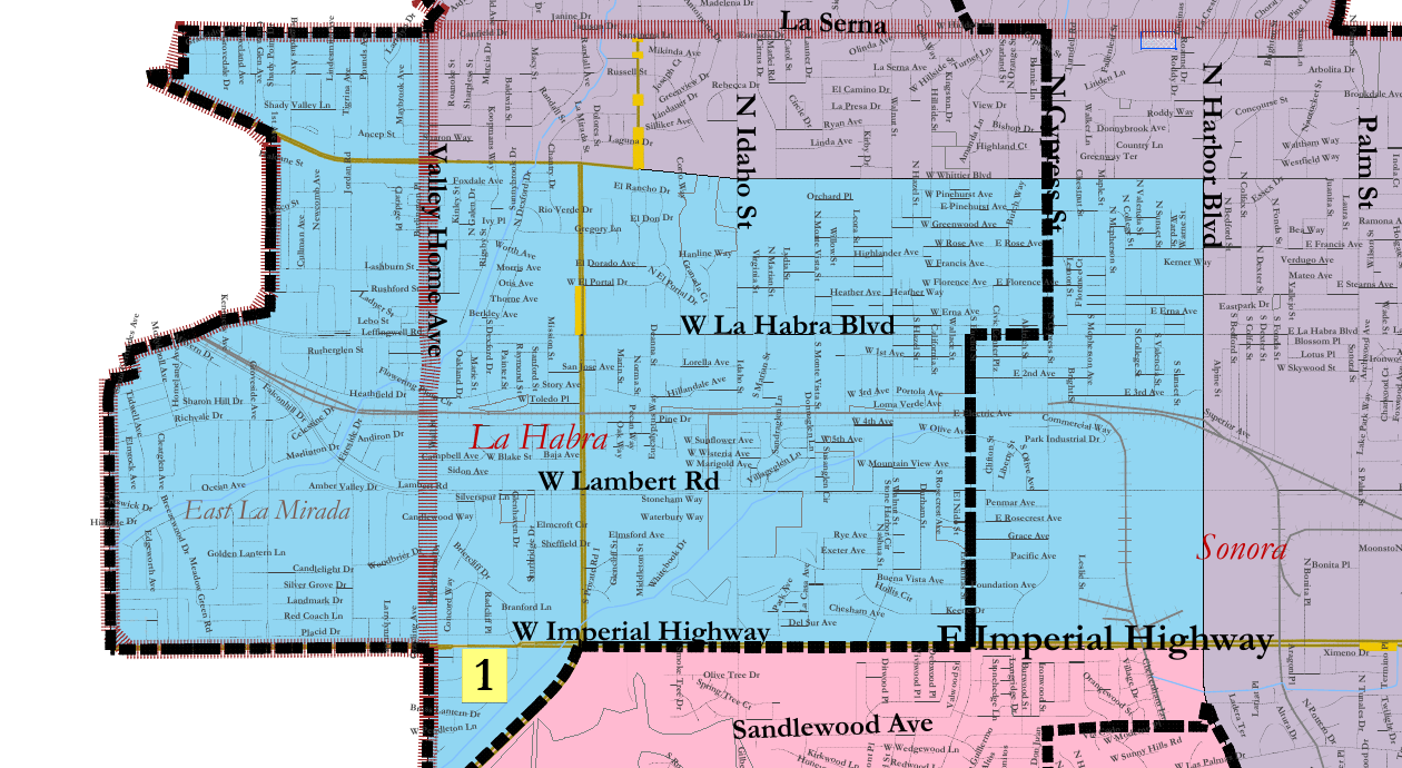 Detailed excerpt from the official FJUHSD districting map showing Trustee Area 1 in blue around La Habra and East La Mirada
